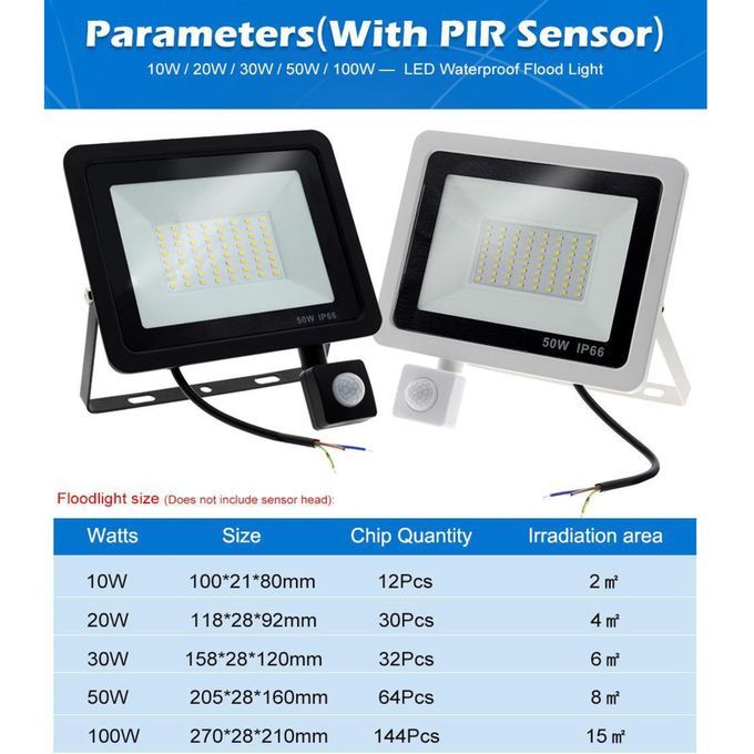 Floodlight Motion Sensor Outdoor  Flood Light 6500K 100W White
