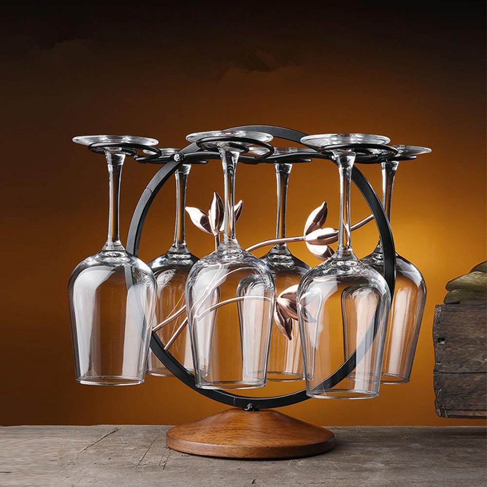 Vintage Bronze Red Wine Glass Rack 6 Wine Glasses Stemware Storage Display Drying Rack Stand Tabletop Free-standing Wine Glass Holder Solid Wooe Base