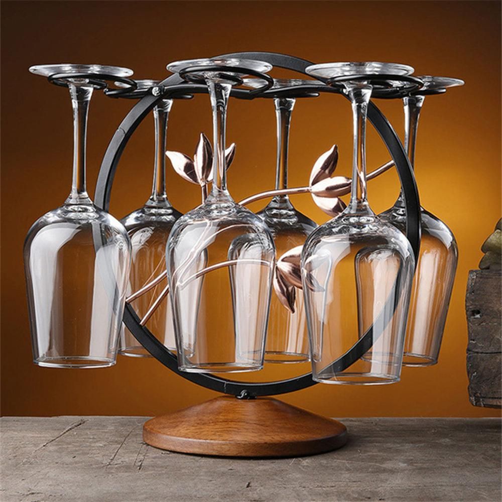 Vintage Bronze Red Wine Glass Rack 6 Wine Glasses Stemware Storage Display Drying Rack Stand Tabletop Free-standing Wine Glass Holder Solid Wooe Base