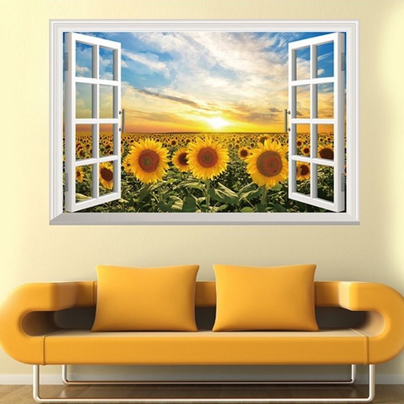 3D Windows Sunflower Sun Wall Sticker Paper Home Decal Removable Wall Vinyl Living Room Bedroom PVC Art Picture Murals Waterproof DIY Stick For Adults Teens Childres Kids Nursery Baby 823971 Color-0