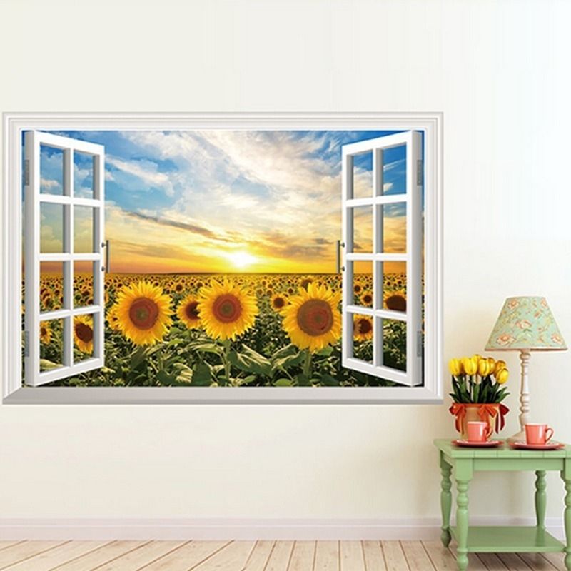 3D Windows Sunflower Sun Wall Sticker Paper Home Decal Removable Wall Vinyl Living Room Bedroom PVC Art Picture Murals Waterproof DIY Stick For Adults Teens Childres Kids Nursery Baby 823971 Color-0