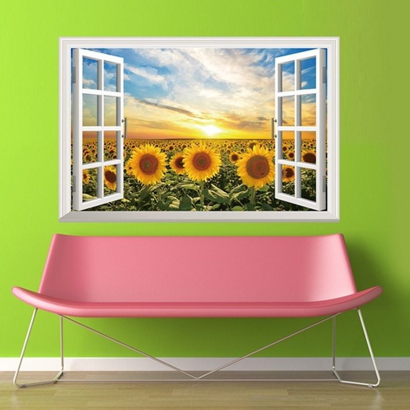 3D Windows Sunflower Sun Wall Sticker Paper Home Decal Removable Wall Vinyl Living Room Bedroom PVC Art Picture Murals Waterproof DIY Stick For Adults Teens Childres Kids Nursery Baby 823971 Color-0