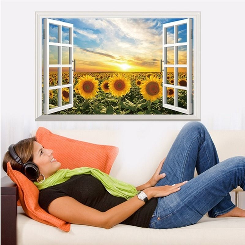3D Windows Sunflower Sun Wall Sticker Paper Home Decal Removable Wall Vinyl Living Room Bedroom PVC Art Picture Murals Waterproof DIY Stick For Adults Teens Childres Kids Nursery Baby 823971 Color-0