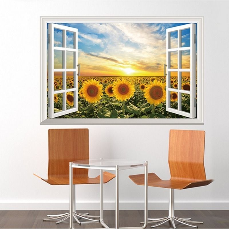 3D Windows Sunflower Sun Wall Sticker Paper Home Decal Removable Wall Vinyl Living Room Bedroom PVC Art Picture Murals Waterproof DIY Stick For Adults Teens Childres Kids Nursery Baby 823971 Color-0
