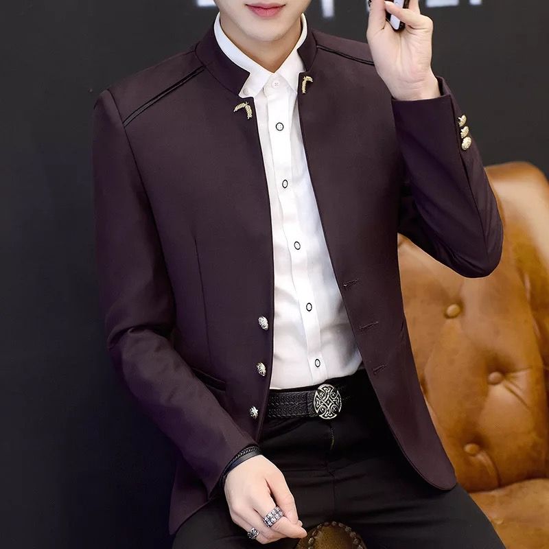 Stand Collar Slim Suit Men's Wedding Dress - Red Wine