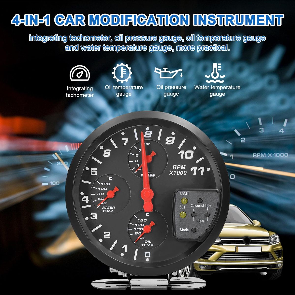 5 Inch 4 in 1 Car Multifunctional Gauge Tachometer Oil Pressure Oil Temperature Water Temperature Gauge Meter Support Alarm Function with 7 Color Backlight Adjustment