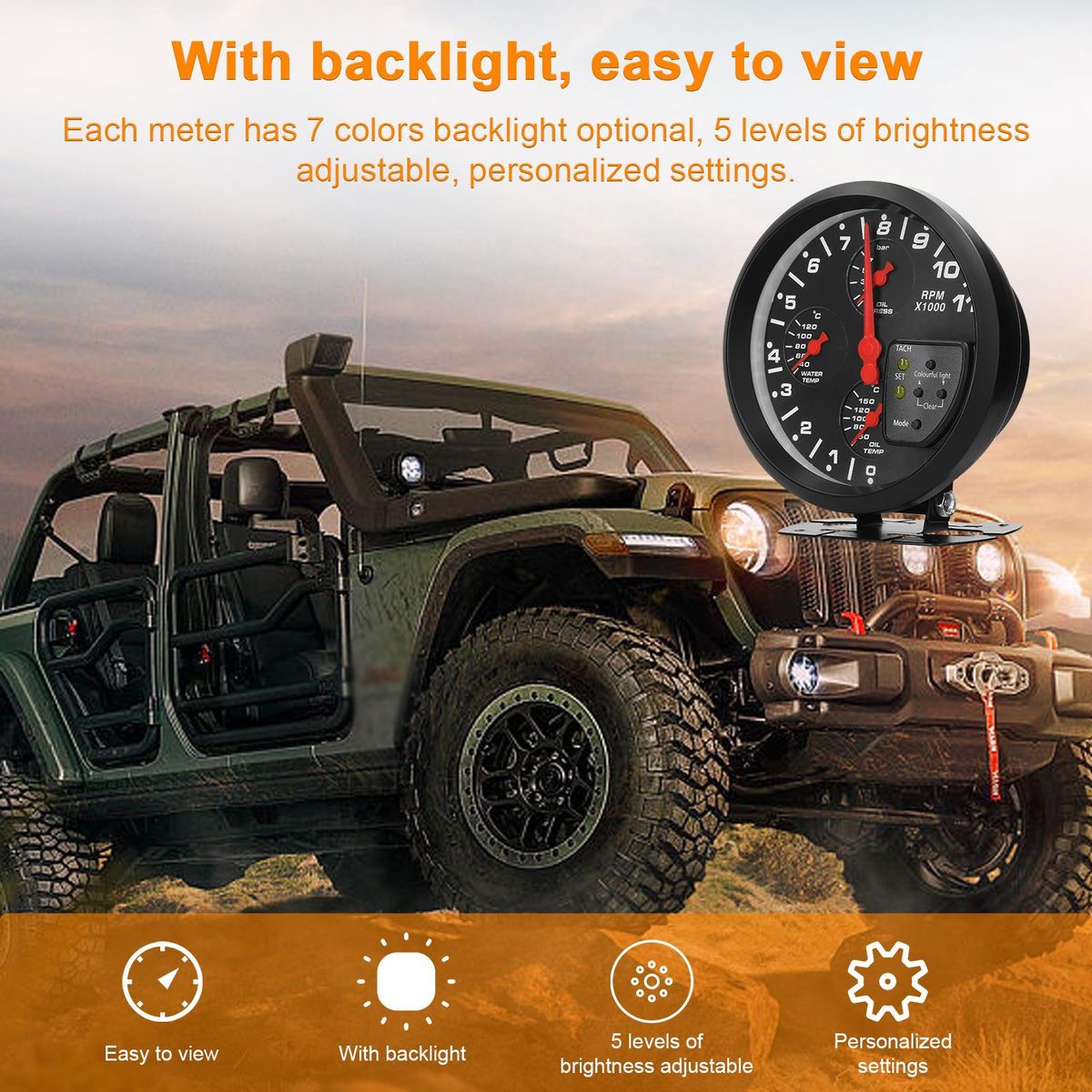 5 Inch 4 in 1 Car Multifunctional Gauge Tachometer Oil Pressure Oil Temperature Water Temperature Gauge Meter Support Alarm Function with 7 Color Backlight Adjustment