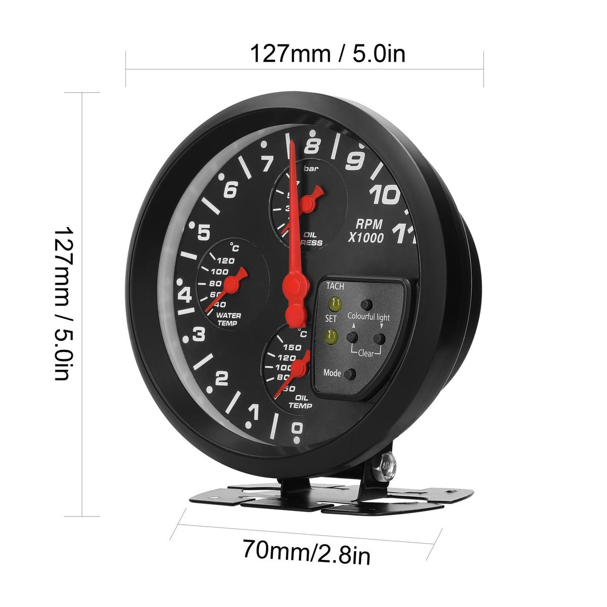 5 Inch 4 in 1 Car Multifunctional Gauge Tachometer Oil Pressure Oil Temperature Water Temperature Gauge Meter Support Alarm Function with 7 Color Backlight Adjustment