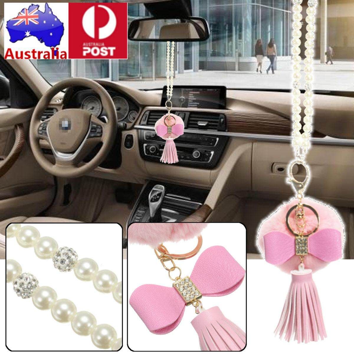 Car Pink Bling Crystal Accessories Rearview Mirror Hanging Fluffy Bow Decoration