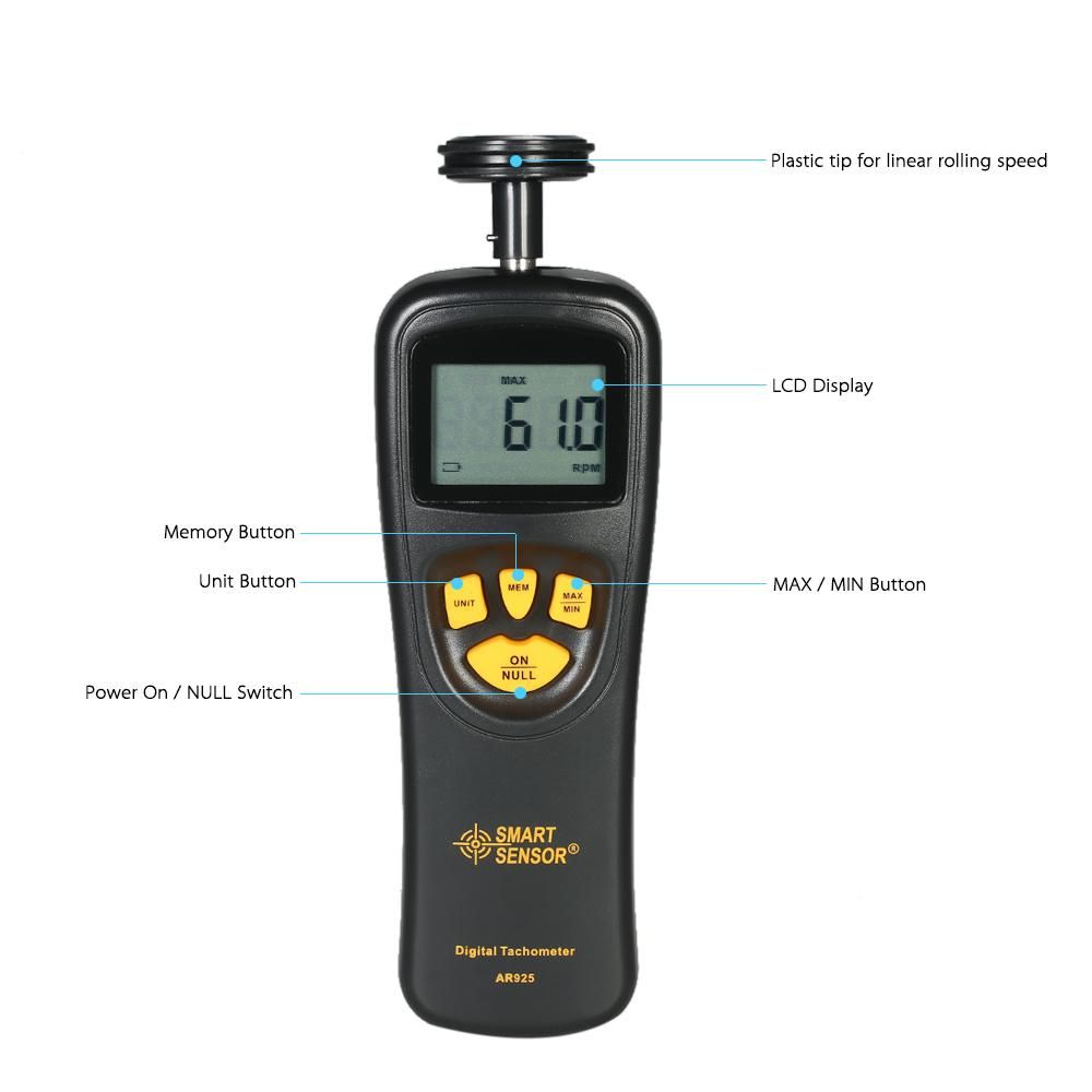 SMART SENSOR Handheld Contact LCD Digital Tachometer Speedometer Tach Meter Wide Measuring Rang 0.5 ~ 19999 RPM