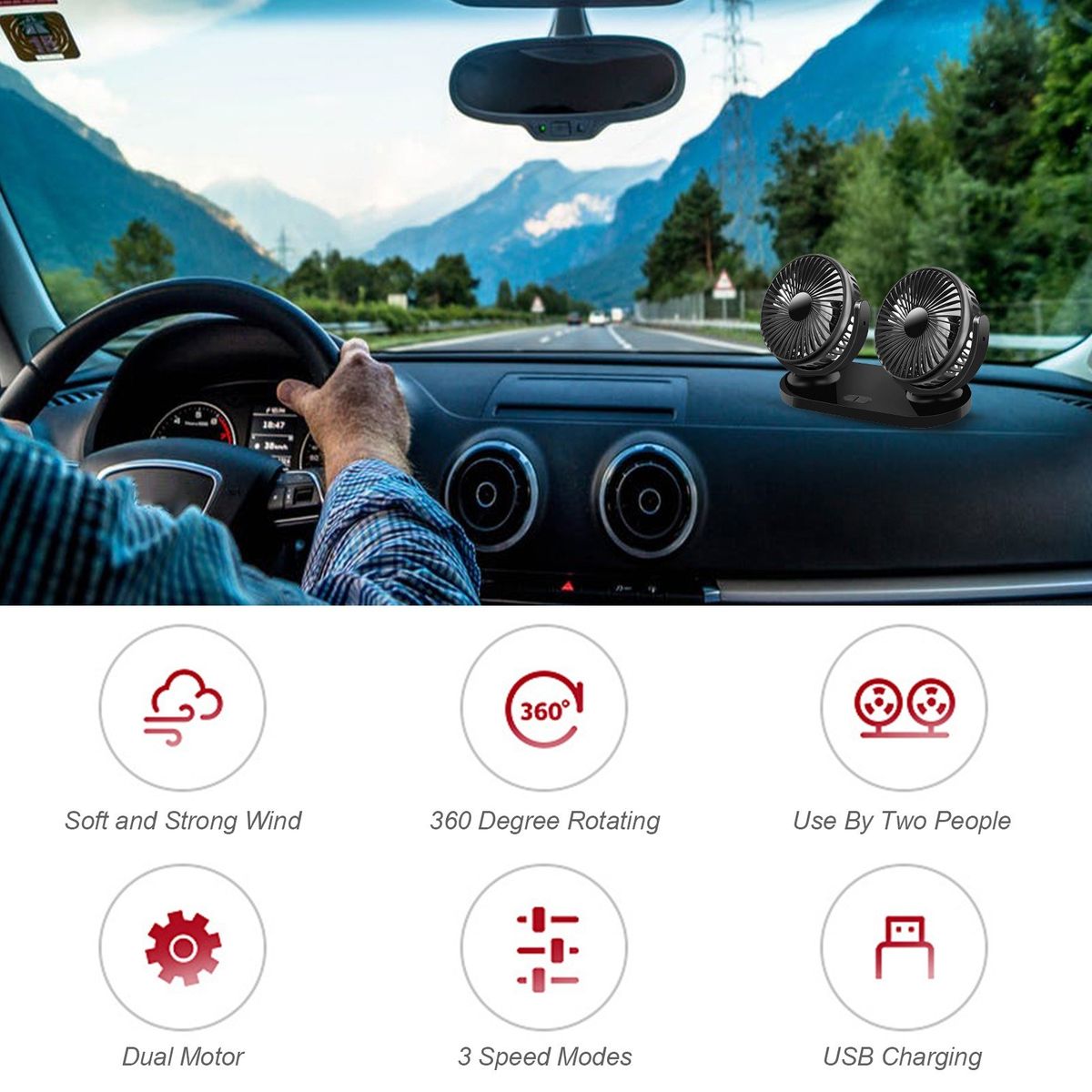 Dual Head USB Fan 360 Degree Rotating 5V 2A 3 Speed Modes