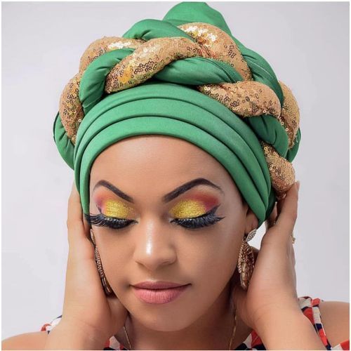 Women Auto Gele Fashion Headtie Turban Muslim Sequined Turban Size（56-58cm）