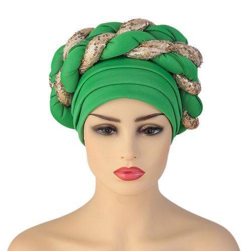 Women Auto Gele Fashion Headtie Turban Muslim Sequined Turban Size（56-58cm）