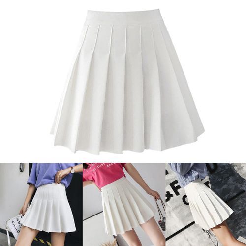 Women Pleated Skirt High Waist Mini Tennis Skater Skirt White S