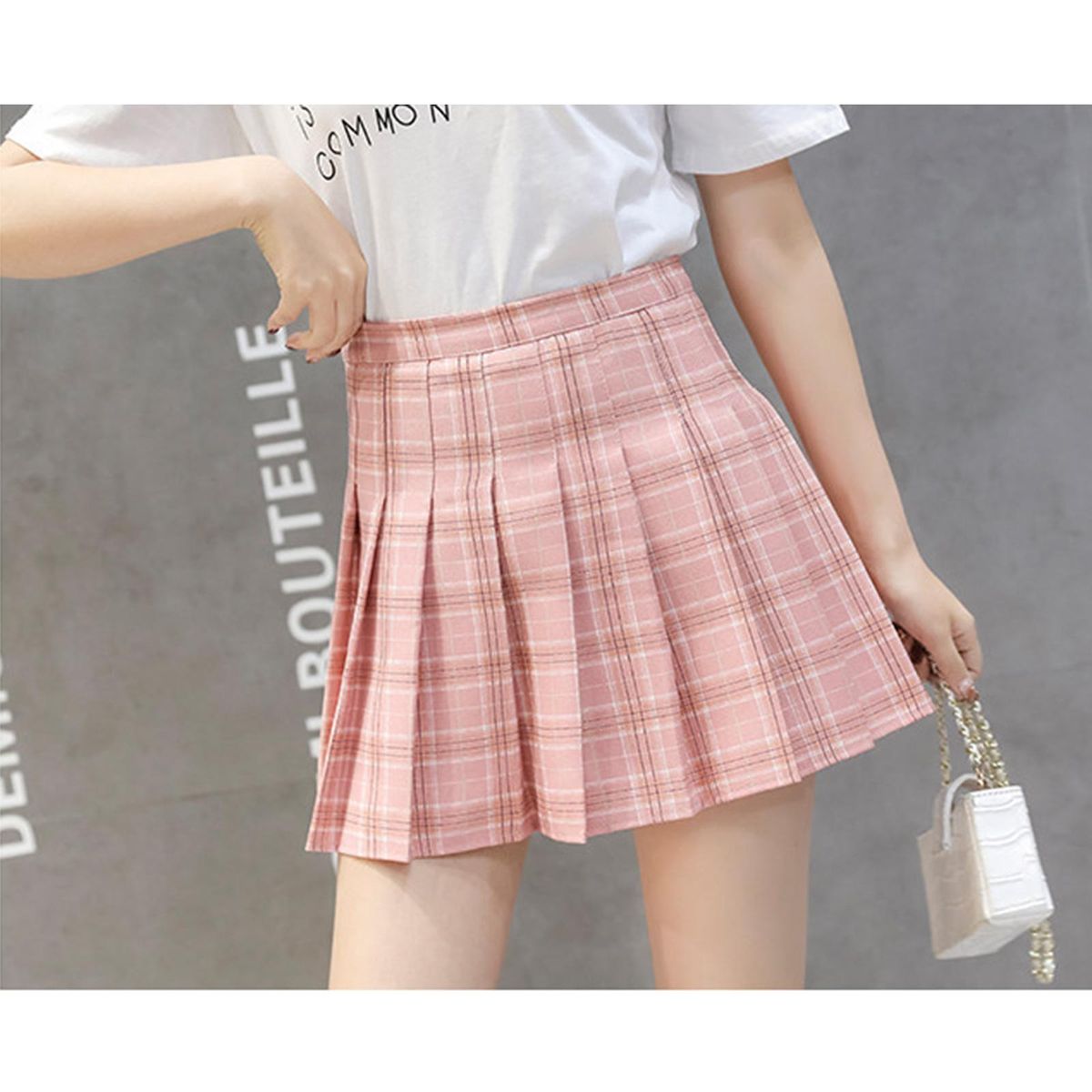 Women Girls High Waisted Pleated Skirt Skater Tennis School Pink M