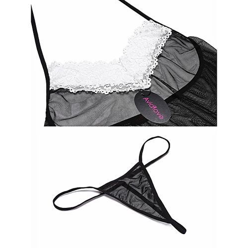 Women Lace Patchwork Sexy French Maid Costume Cosplay Pajamas Set