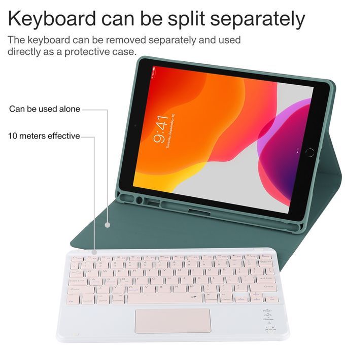 TG-102BC Detachable Bluetooth Pink Keyboard + Microfiber Leather Protective Case For IPad 10.2 Inch / IPad Air (2019), With Touch Pad & Pen Slot & Holder(Dark Green)