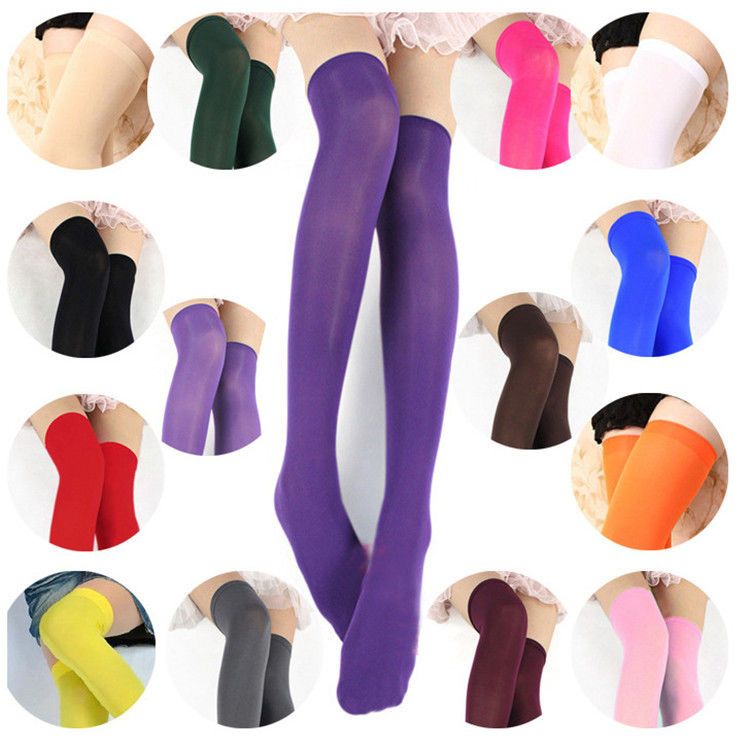 (White)Candy Colors Woman Thin Long Socks Over The Knee Stockings Ladies Girls Sexy Cute Thigh SMA