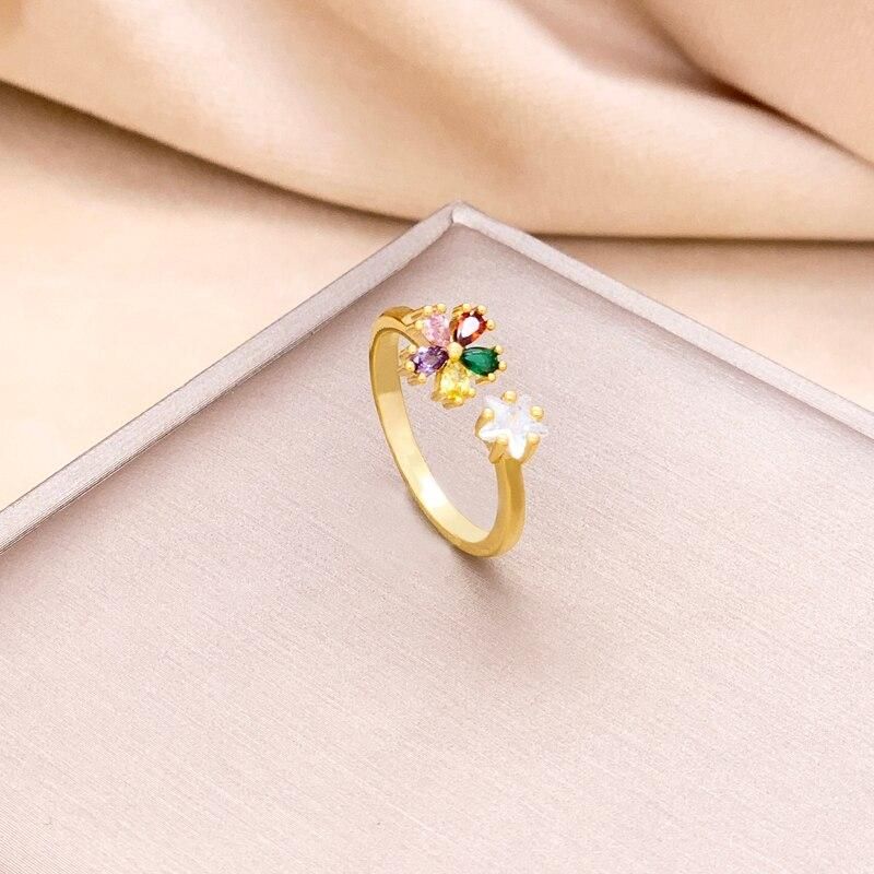 New In Retro Bohemia Colorful Zircon Crystal Flower Open Rings For Women Trendy Female Stainless Steel Adjustable Finger Ring