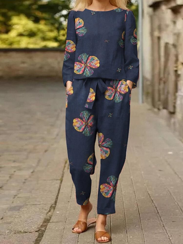 Flower Pocket Tie Elastic Waist Long Sleeve Two Pieces Set