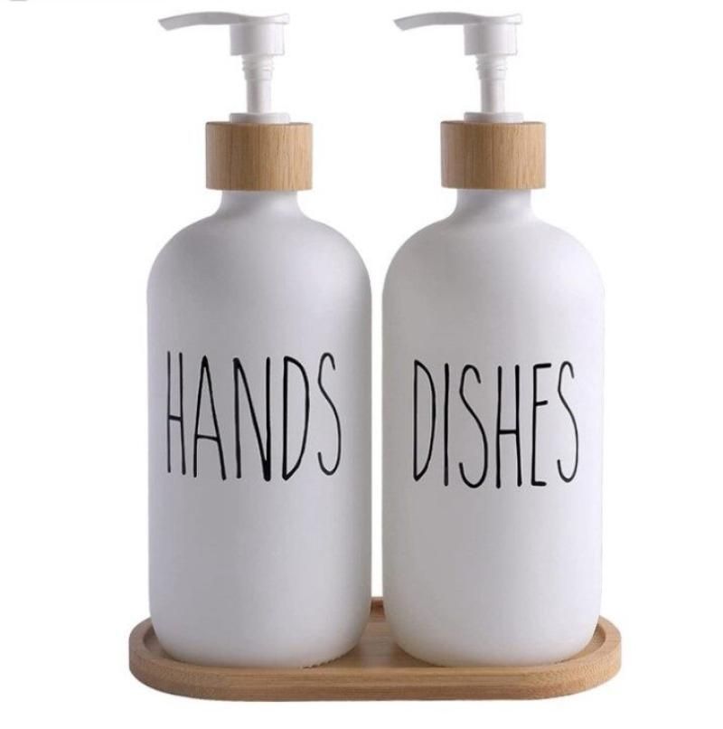 White Glass Soap Dispenser Set: 500ml With Wood Tray For Hom
