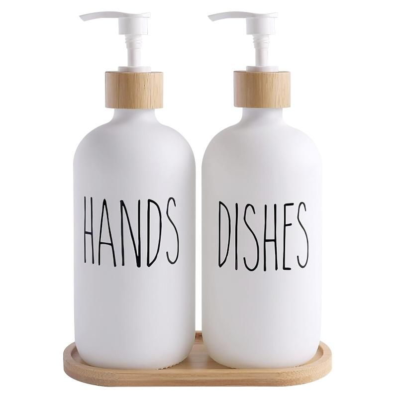 White Glass Soap Dispenser Set: 500ml With Wood Tray For Hom