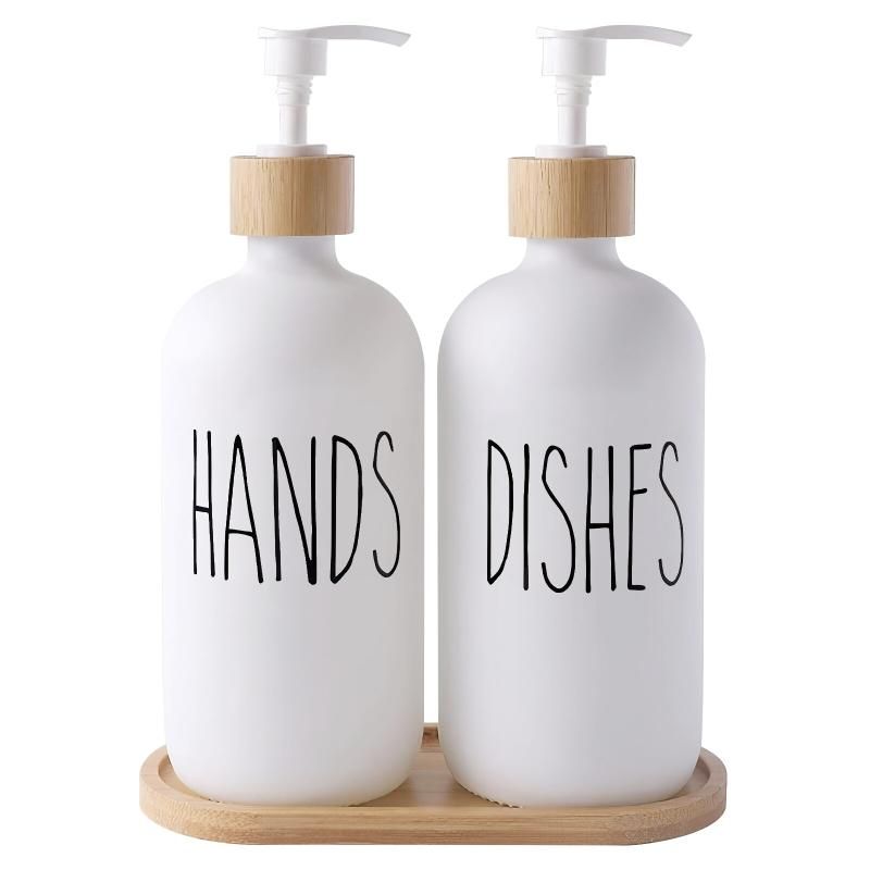 White Glass Soap Dispenser Set: 500ml With Wood Tray For Hom