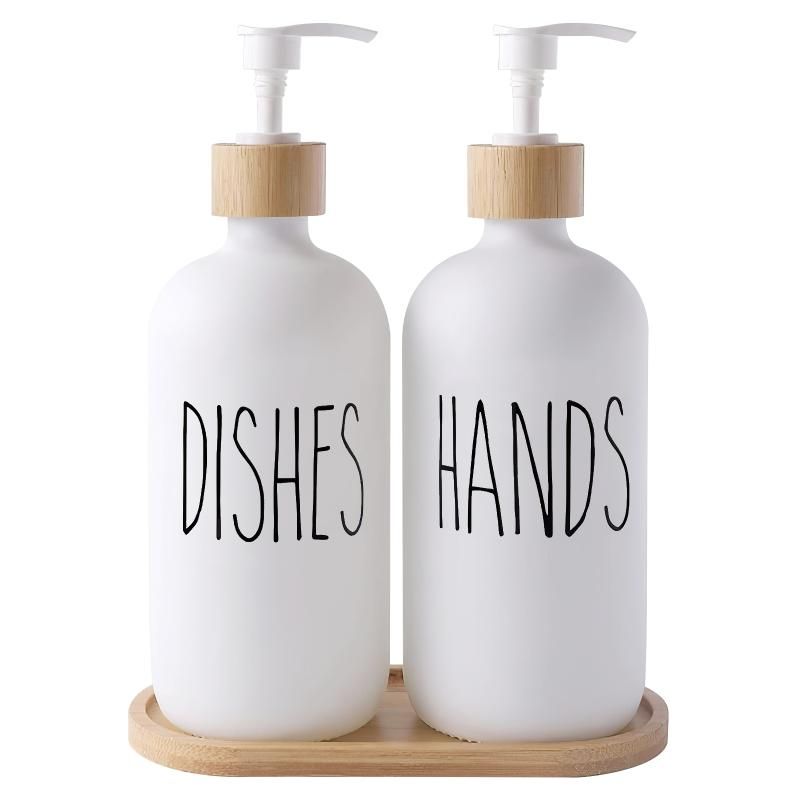 White Glass Soap Dispenser Set: 500ml With Wood Tray For Hom