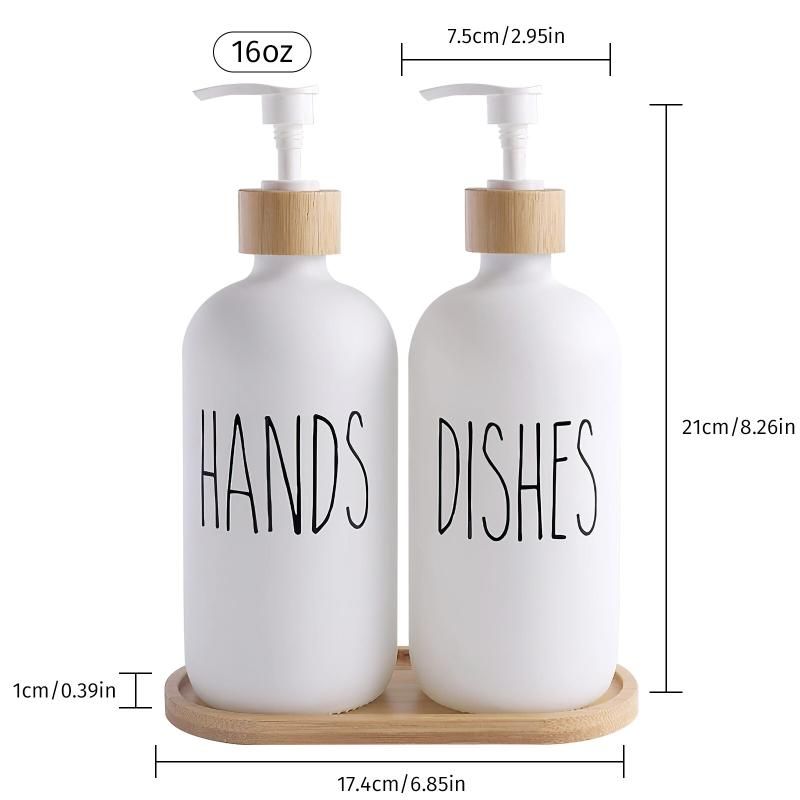 White Glass Soap Dispenser Set: 500ml With Wood Tray For Hom