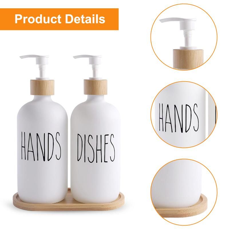 White Glass Soap Dispenser Set: 500ml With Wood Tray For Hom