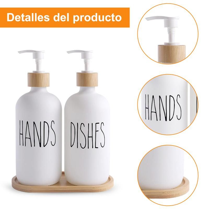 White Glass Soap Dispenser Set: 500ml With Wood Tray For Hom