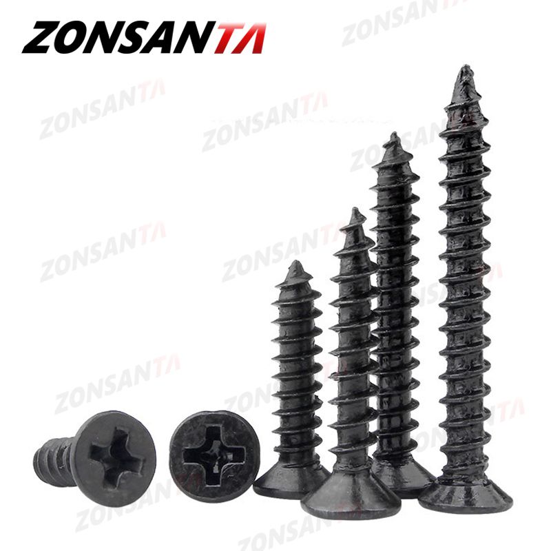 ZONSANTA 50Pcs M1.4 M1.7 M2 M2.3 M2.6 M3 M4 Carbon Steel Black Cross Recessed Countersunk Flat Head Tapping Screws Wood Screw-25mm