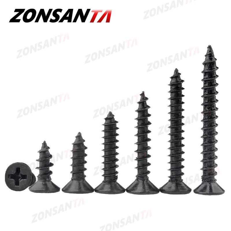 ZONSANTA 50Pcs M1.4 M1.7 M2 M2.3 M2.6 M3 M4 Carbon Steel Black Cross Recessed Countersunk Flat Head Tapping Screws Wood Screw-25mm
