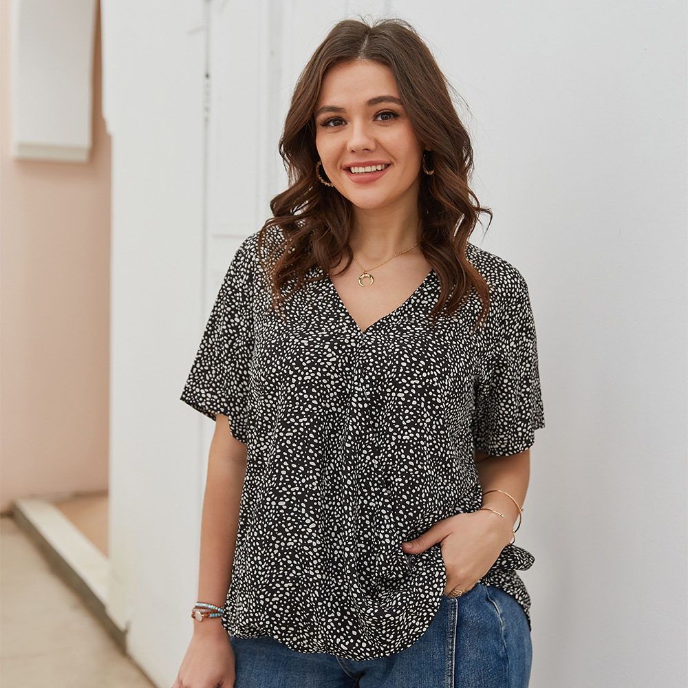 XL-4XL Women V Neck Short Sleeve Polka Dot Print Plus Size Blouse Black 2782