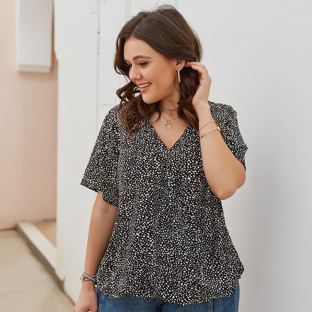 XL-4XL Women V Neck Short Sleeve Polka Dot Print Plus Size Blouse Black 2782