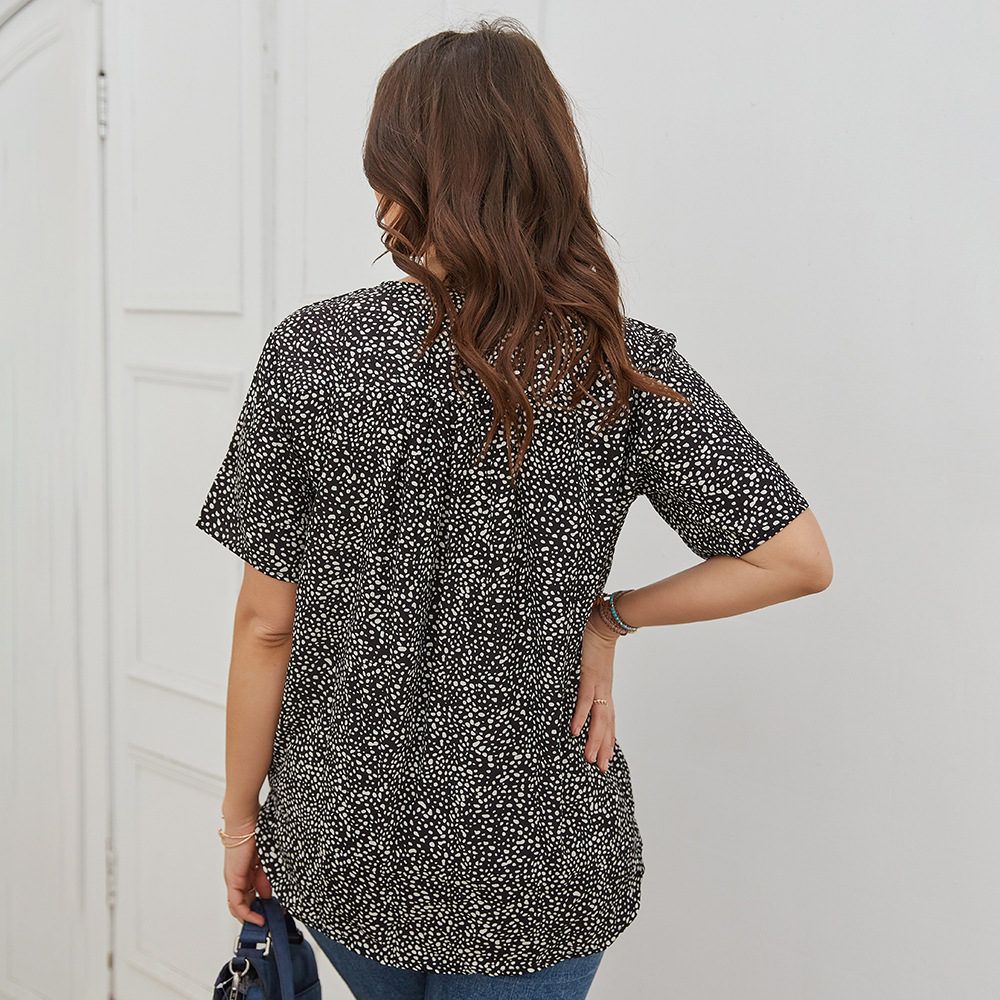 XL-4XL Women V Neck Short Sleeve Polka Dot Print Plus Size Blouse Black 2782