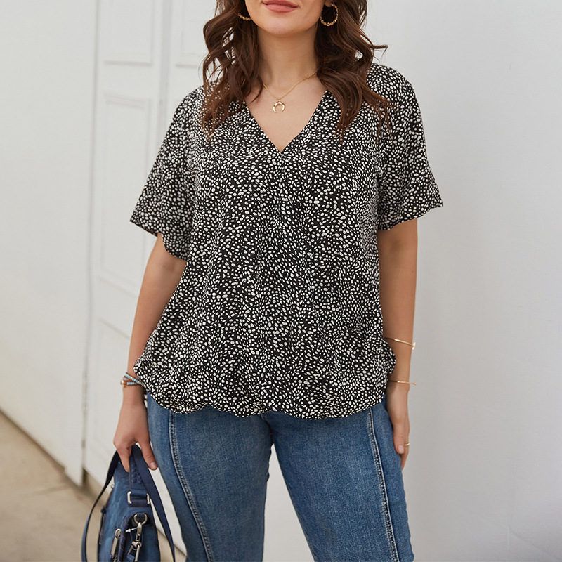 XL-4XL Women V Neck Short Sleeve Polka Dot Print Plus Size Blouse Black 2782