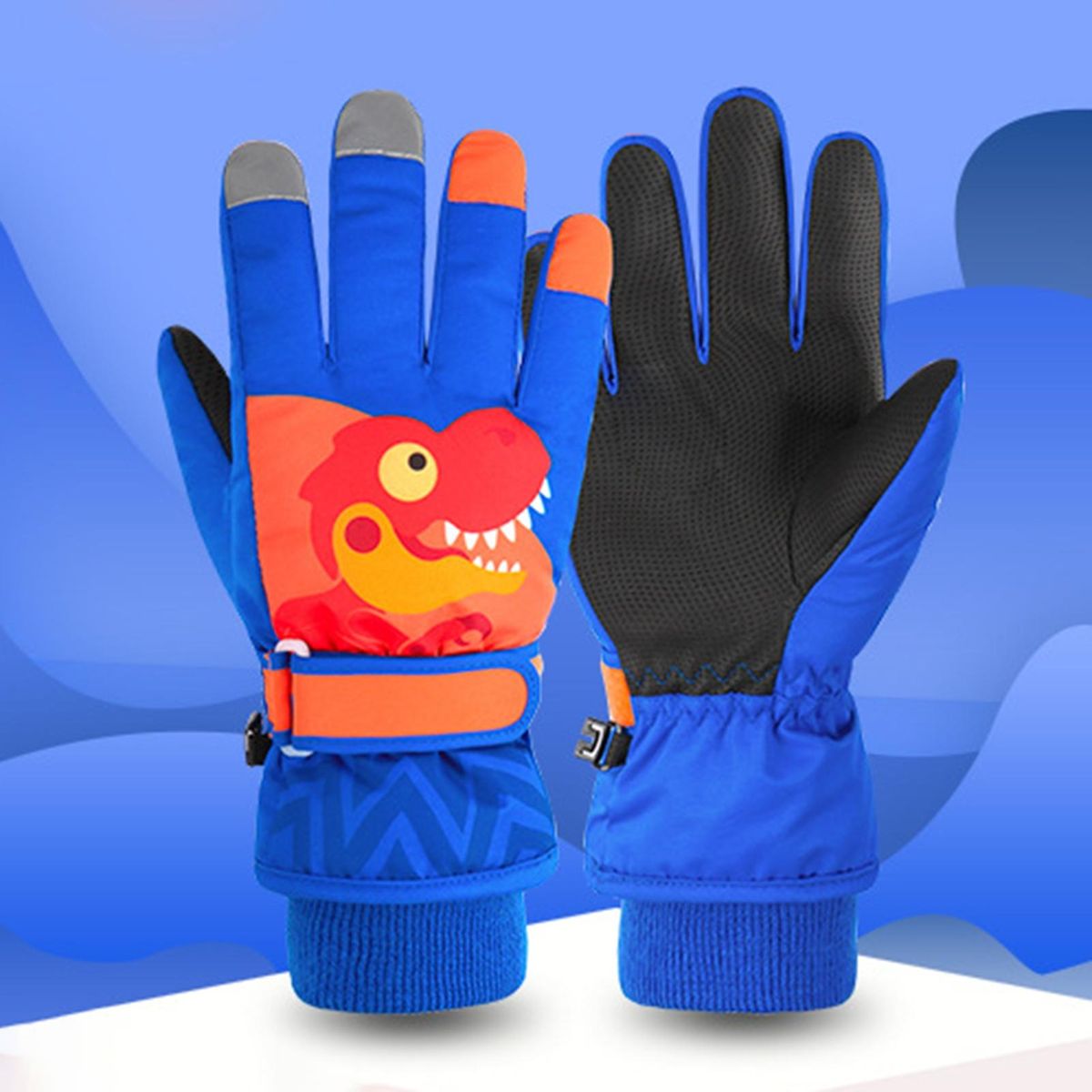 1 Pair Children Ski Unisex Kids Cartoon Little Dinosaur Print Ski Royal Blue