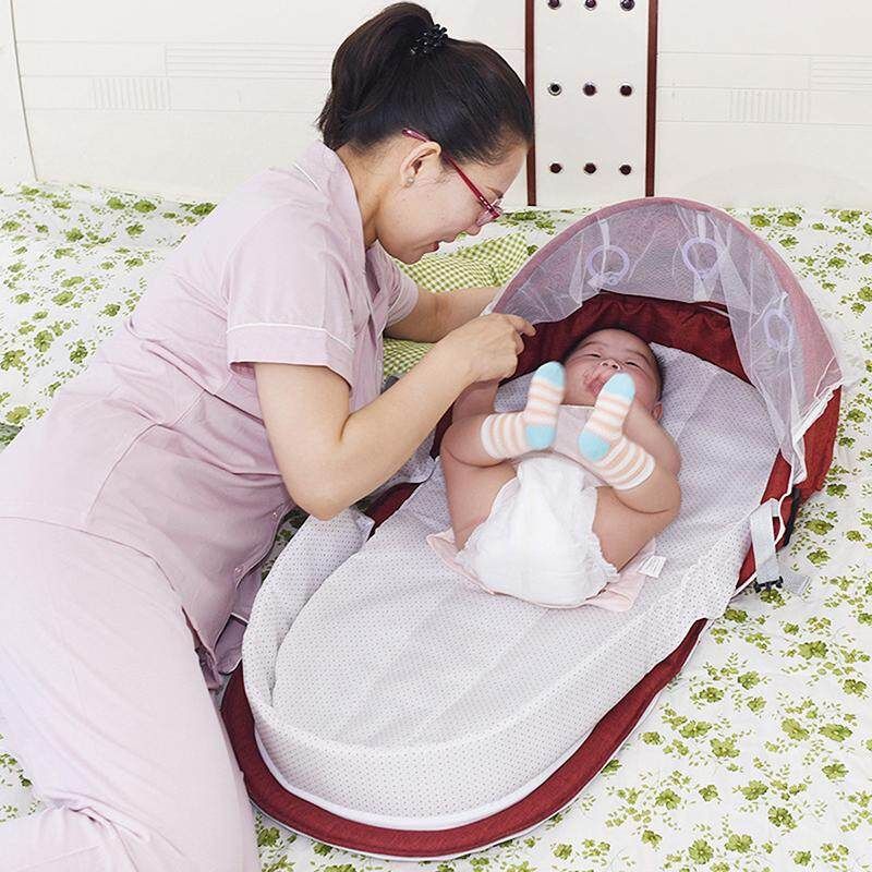 Portable Foldable Baby Beds Multi-function Crib Mummy Bag Travel With Mosquito Cover Red