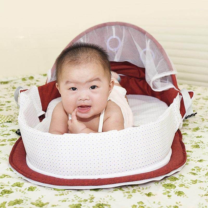 Portable Foldable Baby Beds Multi-function Crib Mummy Bag Travel With Mosquito Cover Red