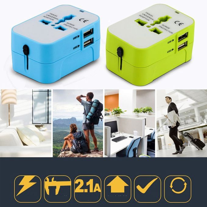 WTA- 2U 2USB Multifun Tional Travel Swit H Plug  Onversion EU Plug  Onverter-green-US/EU/UK/AU