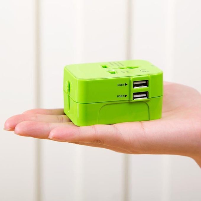 WTA- 2U 2USB Multifun Tional Travel Swit H Plug  Onversion EU Plug  Onverter-green-US/EU/UK/AU