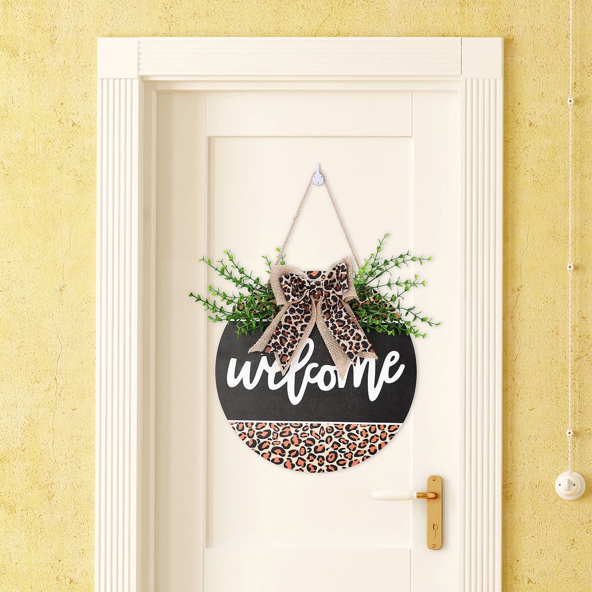 Welcome Door Pendant Wooden Doorplate Leopard Print Pattern