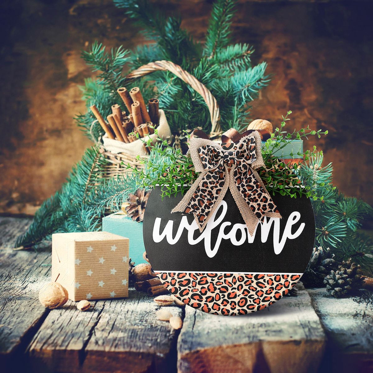 Welcome Door Pendant Wooden Doorplate Leopard Print Pattern