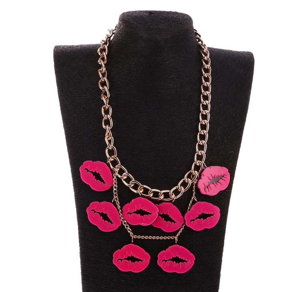 Lady Fashion Charm Hot Acrylic Red Mouth Kiss Lips Statement Necklace