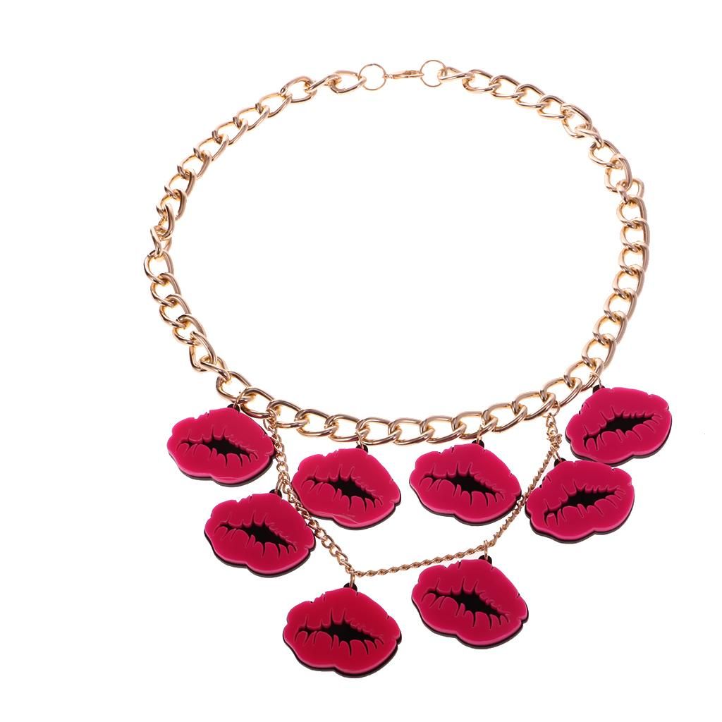 Lady Fashion Charm Hot Acrylic Red Mouth Kiss Lips Statement Necklace