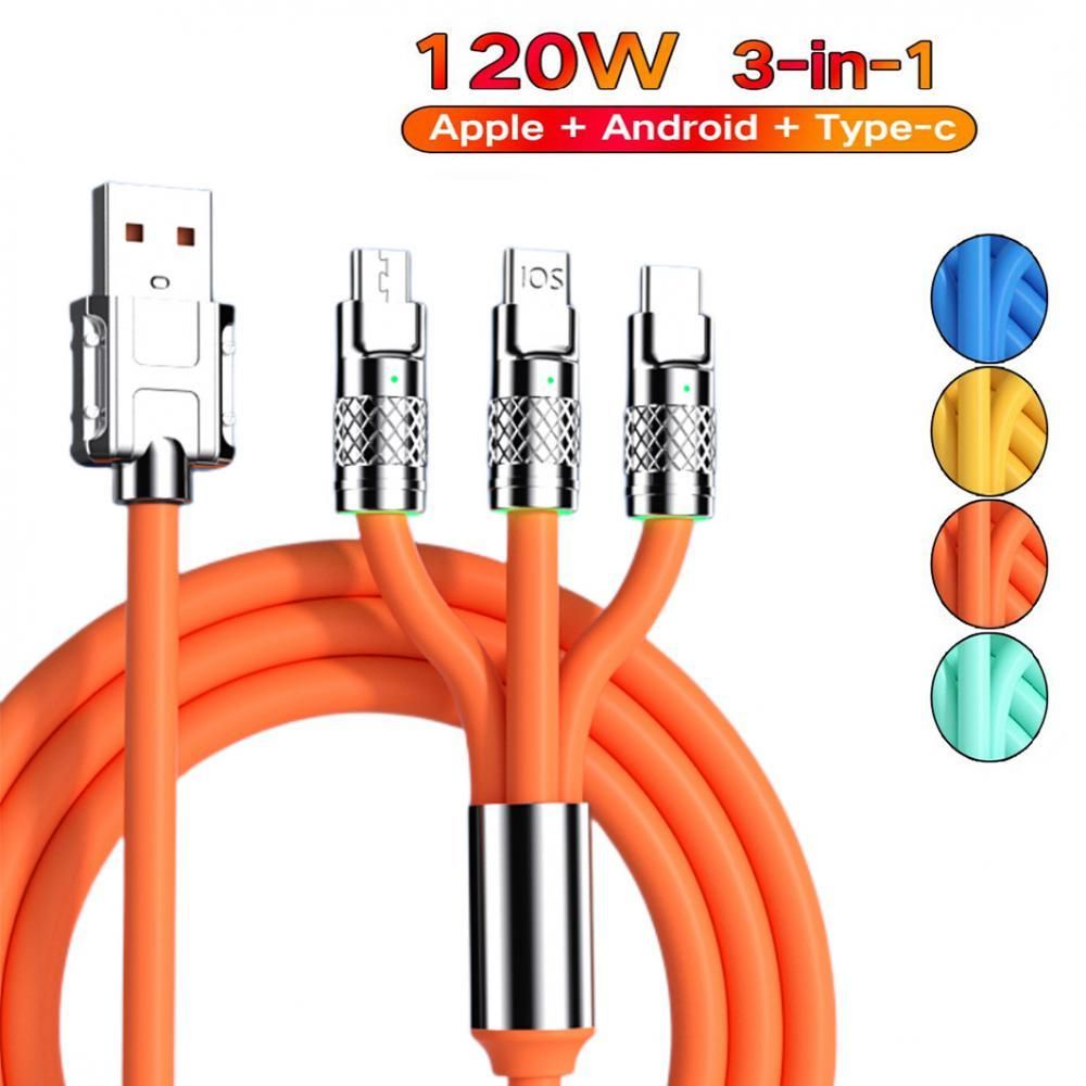 6A 120W zinc alloy 3 people 1, Android Apple super fast charging lamp 3 people 1 data cable for iPhone 14 13 new products