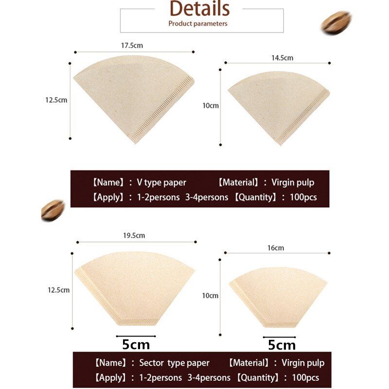 100 Pieces New Wooden Hand V60 Drip Paper Coffee Filter