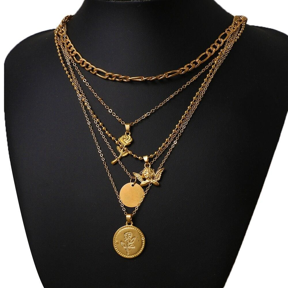 Fashion Multilayer Butterfly Gun LOVE Choker Necklace Female Geometric Thick Chain Butterfly Metal Pendant Necklace Jewelry Gift