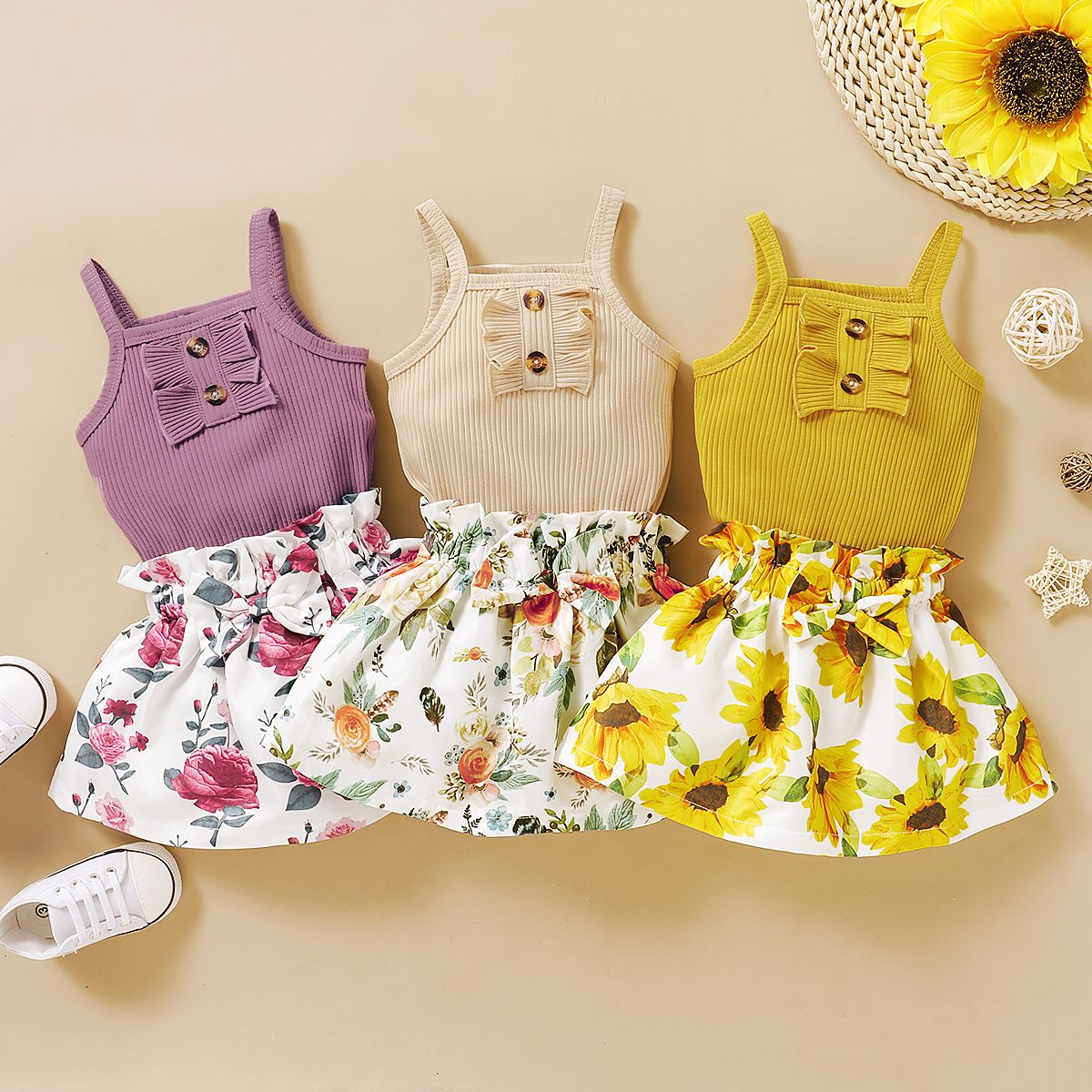 Newborn Baby Girls Costumes Set Solid Color Ribbed Tank Tops + Floral Skirt -Yellow